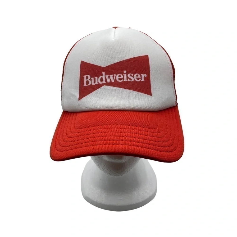 Budweiser Mens Truckers Hat Baseball Cap Mesh Red White Logo Snapback Mesh